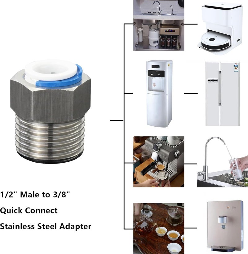 AimatRun Stainless Steel 1/2" Male Thread x 3/8" OD Tube Quick Connector – Accessory for water purifiers, filters, reverse osmosis (RO) systems; Water filtration system fitting; Push-to-Connect Adapter - Image 4